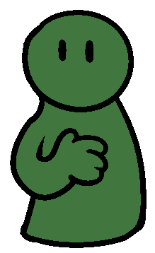 A green person with just a torso, round head, and eyes, touching their chest with their hand.